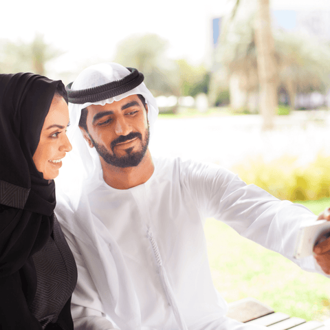 A smiling Arab couple in traditional attire taking a selfie outdoors.