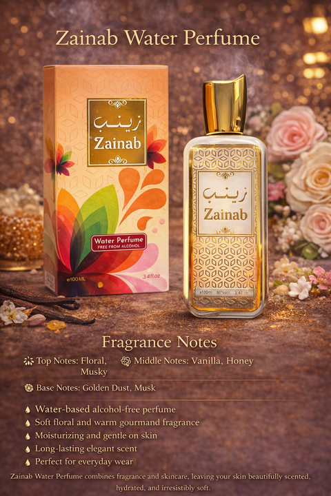 Zainab Water Perfume – Floral Musk, Vanilla & Honey | Alcohol-Free Hydrating Fragrance